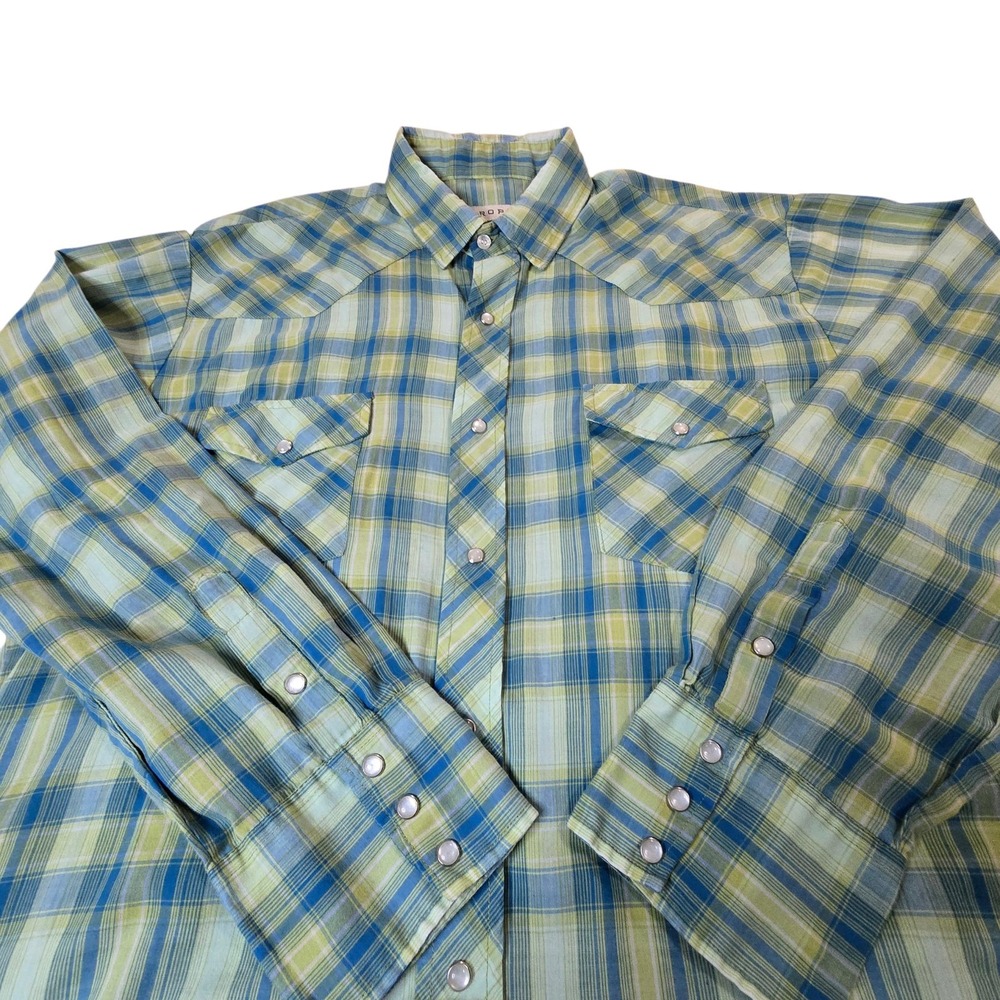 Men's Roper Shirt Blue Green Plaid Western Pearl Snap Button Up‎ Long Sleeve XL